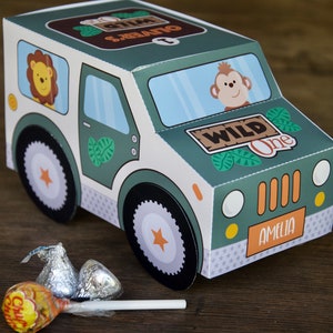 Wild One bedankdoosje verjaardag vrachtwagen / Junglefeestbedankjes / Babysafari-feestje afdrukbare traktatiedoos / Jungledieren safari-decoraties