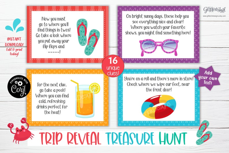 May include: A set of four colorful cards with clues for a trip reveal treasure hunt. Each card features a different illustration: flip-flops, sunglasses, a drink with a lemon, and a swim ring. The cards have a red, purple, orange, and blue border.