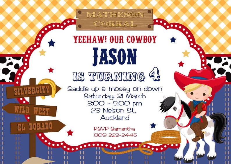 Puede incluir: Una invitaci&oacute;n de cumplea&ntilde;os con tem&aacute;tica de vaquero con el texto "Yeehaw! Our Cowboy Jason is Turning 4." El dise&ntilde;o incluye un vaquero de dibujos animados montado a caballo, una herradura y se&ntilde;ales direccionales para Silvercity, Wild West y El Dorado.