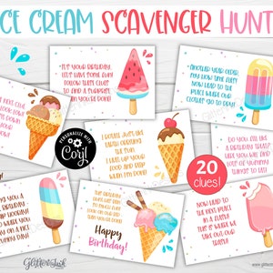 Ice cream party treasure hunt clues / Ice cream birthday scavenger hunt clue cards / Ice cream scavenger hunt for kids birthday games