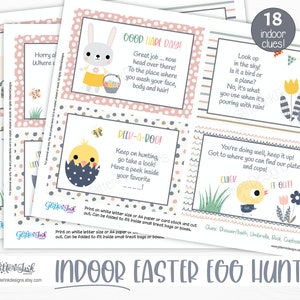 May include: Printable Easter egg hunt clues with cute illustrations of chicks and bunnies. The clues are written in a fun, rhyming style and are perfect for an indoor egg hunt. The text on the cards reads "Good Hair Day", "Peek-a-Boo", "Hurry Along", "Look Up in the Sky", "You're Doing Well", and "Chick It Out!"
