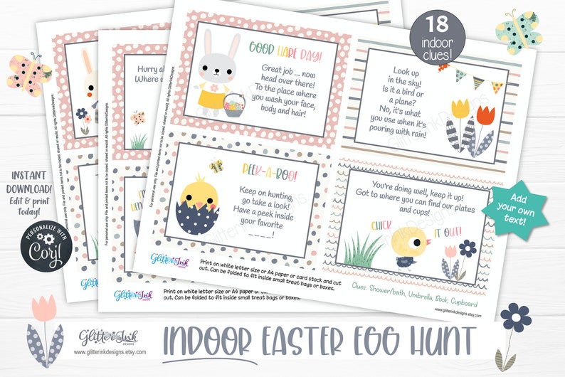 May include: Printable Easter egg hunt clues with cute illustrations of chicks and bunnies. The clues are written in a fun, rhyming style and are perfect for an indoor egg hunt. The text on the cards reads "Good Hair Day", "Peek-a-Boo", "Hurry Along", "Look Up in the Sky", "You're Doing Well", and "Chick It Out!"