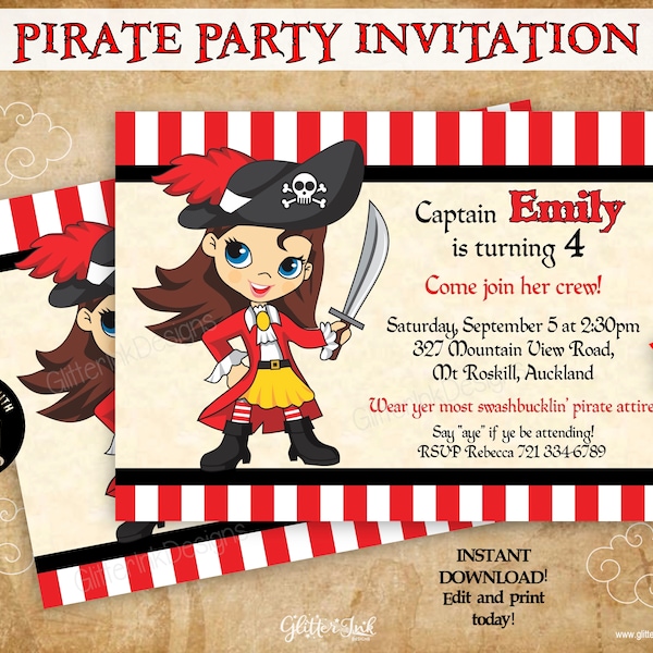 Girl Pirate party printable invitation / Pirate birthday invitation / Pirate Princess editable invite dark brown hair blue eyes download