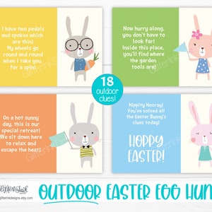 May include: A set of 18 printable Easter egg hunt clues featuring cute bunny illustrations. The clues are designed for an outdoor egg hunt and include phrases like "Hippity Hooray!" and "Hoppy Easter!"