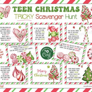 May include: A festive Christmas-themed printable scavenger hunt with candy cane and peppermint graphics. The design features the text "TEEN CHRISTMAS TRICKY Scavenger Hunt" and includes 14 tricky clues. The background has red and green stripes.