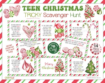 Teen Christmas tricky scavenger hunt riddles, Candy cane treasure hunt with difficult clues for older kids teenagers adults, Family games