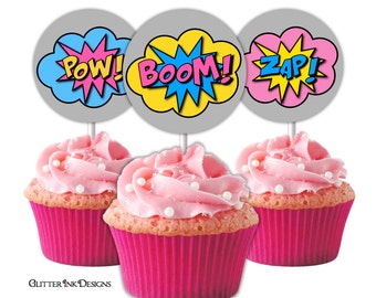 Superheroes cupcake toppers / superhero party favors / super girl favor tags / Super hero flash toppers / POW, BOOM, ZAP