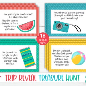 May include: A set of 16 colorful cards with clues for a summer-themed treasure hunt. The cards feature images of a watermelon, a towel, a camera, and a beach ball. The text on the cards includes phrases like "Are you ready for an adventure?" and "You love to play ball".