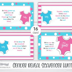 Gender reveal scavenger hunt clue cards for baby shower party games, Sibling announcement printable treasure hunt clues image 7