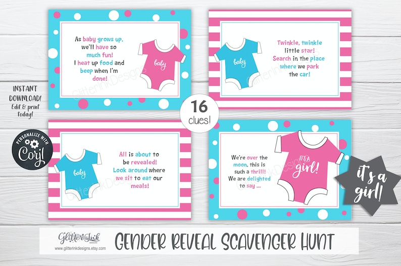 Gender reveal scavenger hunt clue cards for baby shower party games, Sibling announcement printable treasure hunt clues image 7