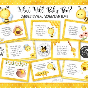 What will Baby Bee? Gender reveal scavenger hunt clue cards for baby shower party games, Printable customizable treasure hunt clues image 2