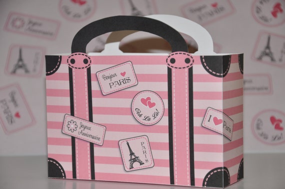 Paris party suitcase favor box / Paris party favors / Printable suitcase travel stamps, Eiffel Tower, Ooh la la gift box Il_570xn