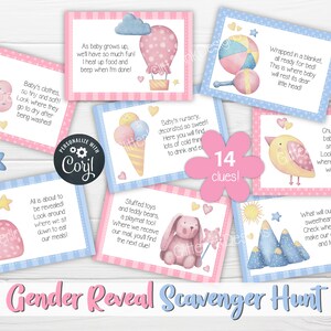 Gender reveal speurtocht-aanwijzingskaarten voor babyshower-partygames, aquarel applique teddybeer afdrukbare schattenjacht-aanwijzingen afbeelding 2