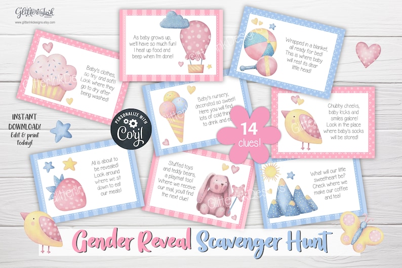 Gender reveal speurtocht-aanwijzingskaarten voor babyshower-partygames, aquarel applique teddybeer afdrukbare schattenjacht-aanwijzingen afbeelding 2
