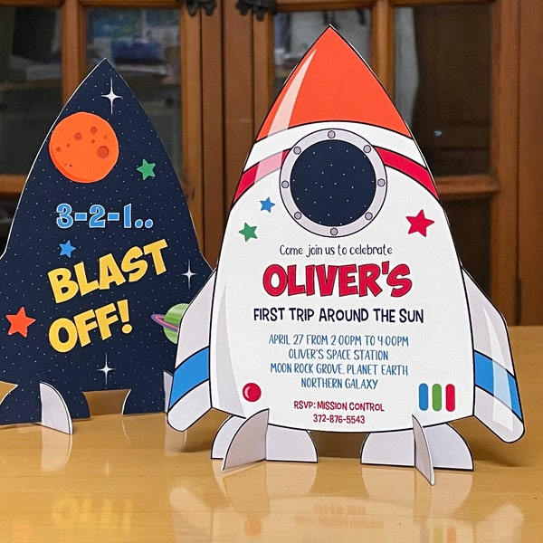 Outer space party printable invitation / Astronaut birthday standing rocket invitation / Galaxy party stand up spaceship editable invite