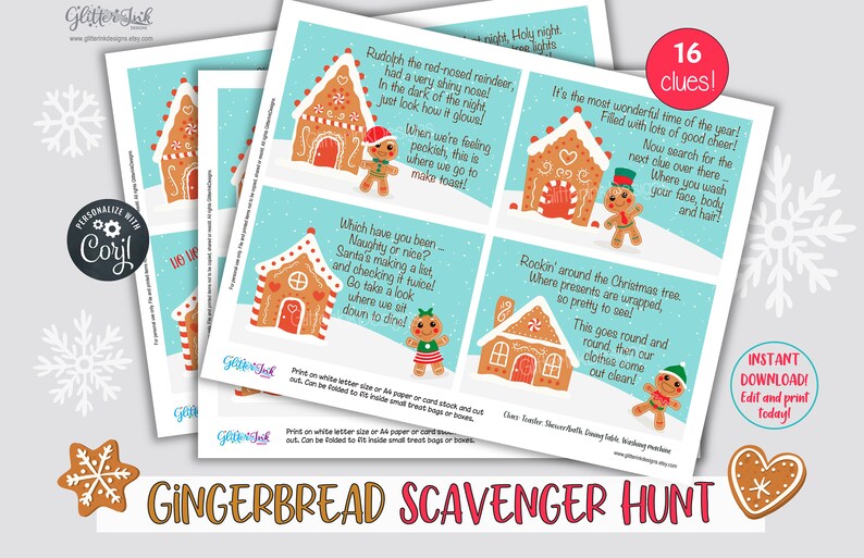 Gingerbread Christmas scavenger hunt clue cards, Printable treasure hunt clues for kids and family party games image 9