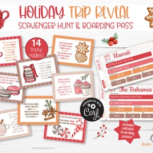 Un voyage surprise de Noël révèle une chasse au trésor avec une carte d'embarquement modifiable pour les adolescents/enfants plus âgés, des indices pour la chasse au trésor des vacances, des énigmes délicates