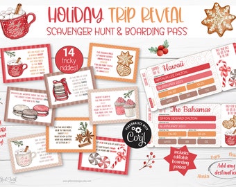 Christmas surprise trip reveal scavenger hunt boarding pass for teens, adults, older kids / Vacation treasure hunt clues with hard riddles