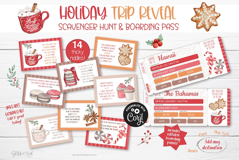 Un voyage surprise de Noël révèle une chasse au trésor avec une carte d'embarquement modifiable pour les adolescents/enfants plus âgés, des indices pour la chasse au trésor des vacances, des énigmes délicates image 1