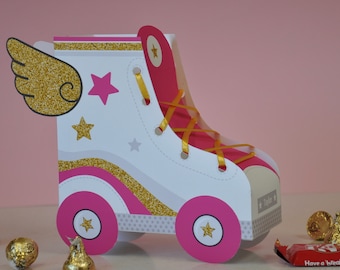 Boîtes d'articles de fête pour patins à roulettes / Articles de fête en patins à roulettes - framboise et paillettes d'or