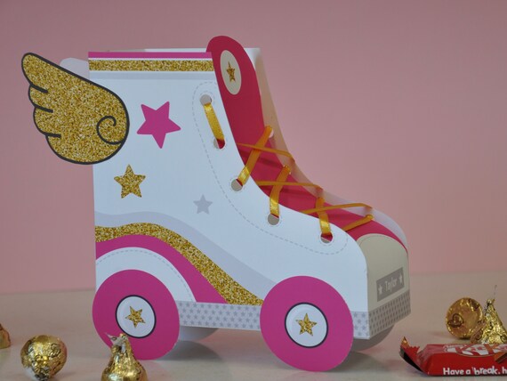 Roller skate party favor boxes / Roller skate party favors - raspberry and gold glitter Il_570xn