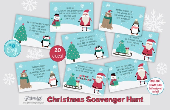Christmas scavenger hunt clue cards / Christmas treasure hunt clues / Christmas party games / indoors scavenger hunt for kids Il_570xn