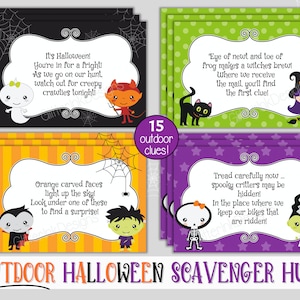 Outdoor Halloween scavenger hunt clue cards / Kids Halloween treasure hunt clues / Printable Halloween party games activity edit with Corjl image 3