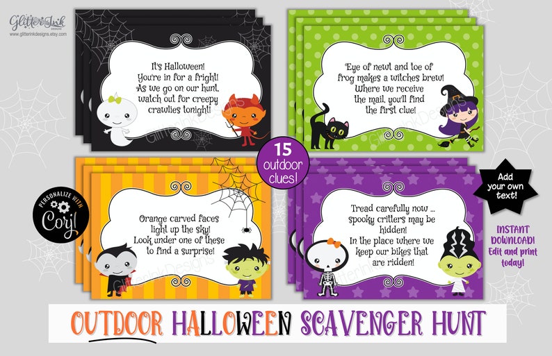 Outdoor Halloween scavenger hunt clue cards / Kids Halloween treasure hunt clues / Printable Halloween party games activity edit with Corjl image 3