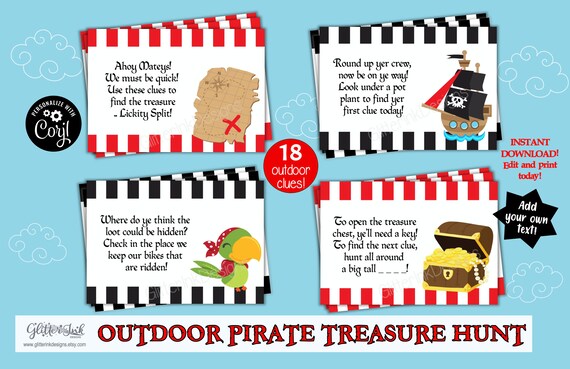 Outdoors Pirate scavenger hunt / Pirate party kids treasure hunt clues ...