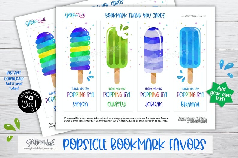 Popsicle birthday bookmark favors / Popsicle party favors / Printable bookmarks / Popsicle favor tags / Ice cream party thank you cards image 3