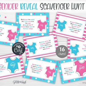 Tarjetas con pistas para la búsqueda del tesoro de revelación de género para juegos de fiesta de baby shower, pistas de búsqueda del tesoro imprimibles para anuncios de hermanos