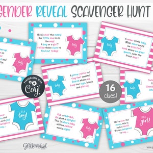 Gender reveal scavenger hunt clue cards / Gender reveal treasure hunt clues / Baby shower scavenger hunt / Gender reveal party games image 1