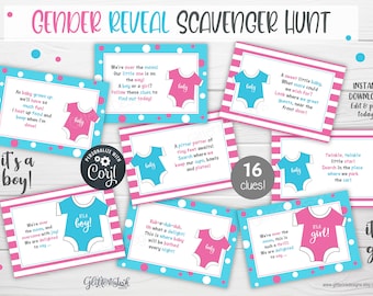 Gender reveal scavenger hunt clue cards for baby shower party games, Sibling announcement printable treasure hunt clues