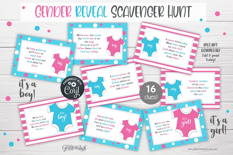 Gender reveal scavenger hunt clue cards for baby shower party games, Sibling announcement printable treasure hunt clues image 1