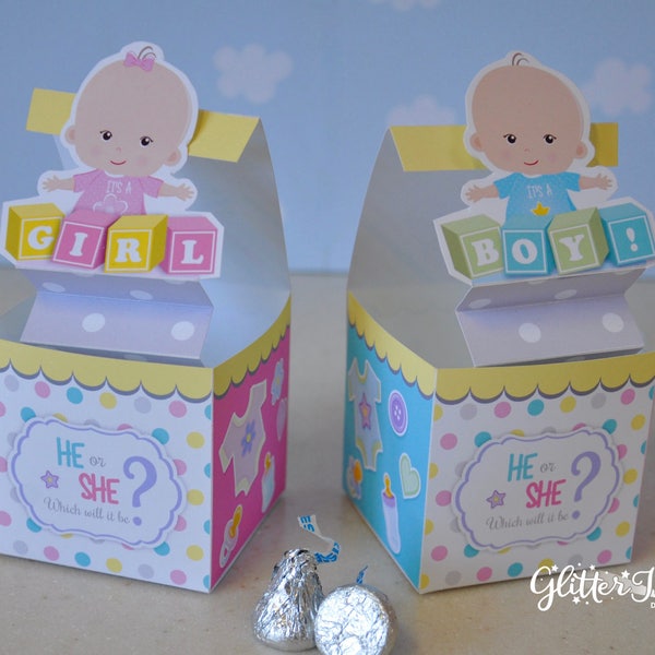 Gender reveal baby shower pop up favor box He or She Jack in the Box PDF printable toy party decor - pink baby girl blue baby boy