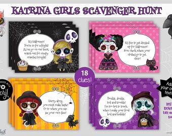 Halloween scavenger hunt / Dia de muertos treasure hunt clues / Day of the Dead Halloween party games for kids / Katrina sugar skull girls