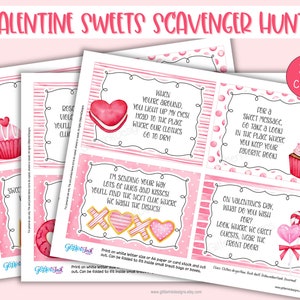 May include: Pink and white printable Valentine's Day scavenger hunt cards with 20 clues. The cards feature illustrations of hearts, cupcakes, donuts, and candy. The text on the cards reads "Valentine Sweets Scavenger Hunt" and "20 clues!"