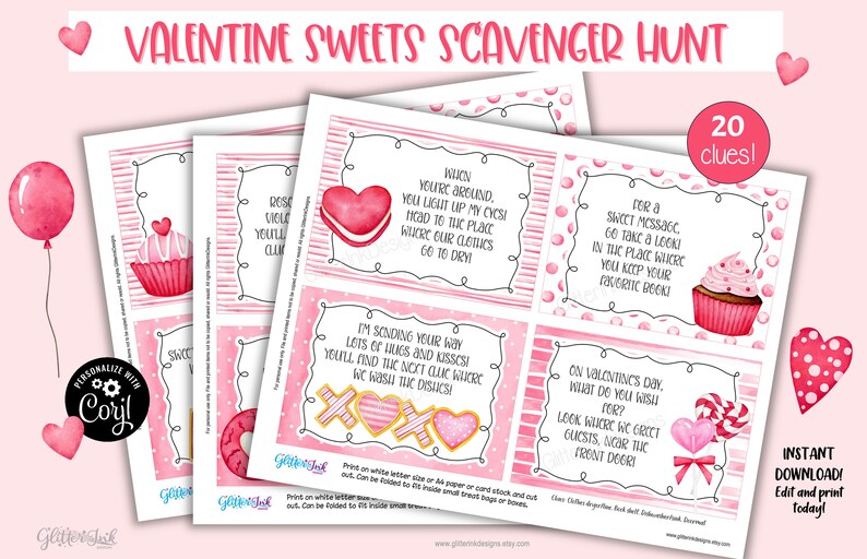 May include: Pink and white printable Valentine's Day scavenger hunt cards with 20 clues. The cards feature illustrations of hearts, cupcakes, donuts, and candy. The text on the cards reads "Valentine Sweets Scavenger Hunt" and "20 clues!"