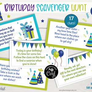 May include: A printable birthday scavenger hunt with 17 clues. The cards are green and blue with illustrations of party hats, balloons, and gifts. The text on the cards includes phrases like "It's time for some fun" and "Follow the clues on this hunt".