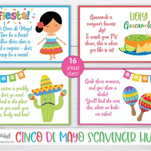 Ledtrådskort till skattjakt för Cinco de Mayo, lekar för mexikansk fiesta till födelsedagskalas för barn, ledtrådar att skriva ut för skattjakt till Taco Tuesday bild 3