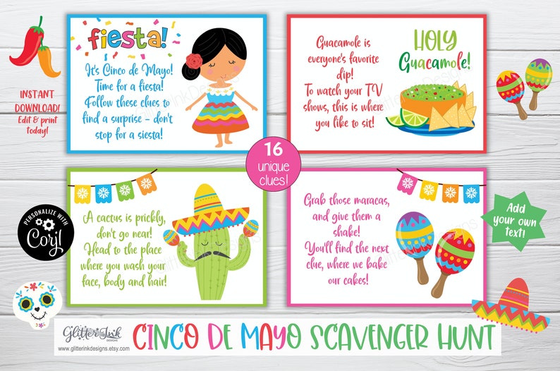 Ledtrådskort till skattjakt för Cinco de Mayo, lekar för mexikansk fiesta till födelsedagskalas för barn, ledtrådar att skriva ut för skattjakt till Taco Tuesday bild 3