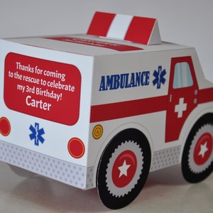 Ambulance party favor box centerpiece decoration, First responders birthday favors cupcake treat boxes, DIY printable paper toy truck image 3