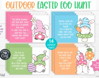 Outdoor Easter scavenger hunt for kids / Easter egg hunt clues / Printable Easter treasure hunt clue cards / Easter gnomes yard games