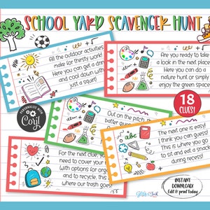Tarjetas con pistas y acertijos para la búsqueda del tesoro en el patio de la escuela al aire libre, pistas para la búsqueda del tesoro para niños de regreso a la escuela, actividad para el aula del maestro
