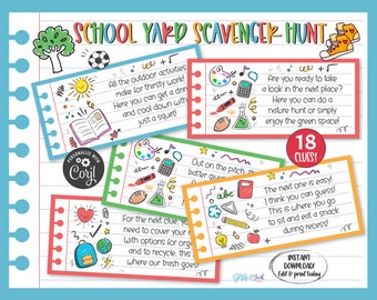 School yard outdoor playground scavenger hunt rhyming riddle clue cards / Back to school kids treasure hunt clues / Teacher class activity