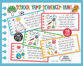 School yard outdoor playground scavenger hunt rhyming riddle clue cards, Back to school kids treasure hunt clues, Teacher classroom activity