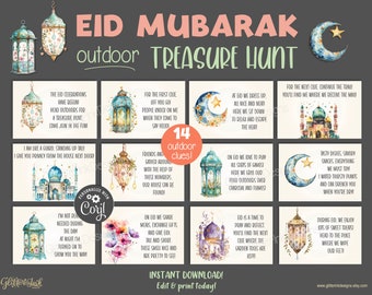 Eid Mubarak scavenger hunt clue cards / Ramadan kids treasure hunt clues / Printable Eid activities outdoors / Ramadan game editable clues