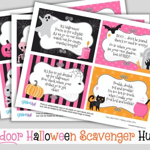 May include: A set of 14 printable Halloween scavenger hunt cards with pink, black, orange, and white colors. The cards feature various Halloween-themed illustrations, including ghosts, pumpkins, bats, and a cauldron. The text on the cards reads "It's Halloween! You're in for a fright!" and "Double, double, toil and trouble! I'm too hot to touch. When I make your food boil and bubble!"