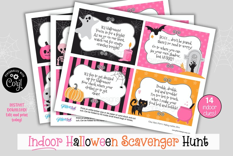 May include: A set of 14 printable Halloween scavenger hunt cards with pink, black, orange, and white colors. The cards feature various Halloween-themed illustrations, including ghosts, pumpkins, bats, and a cauldron. The text on the cards reads "It's Halloween! You're in for a fright!" and "Double, double, toil and trouble! I'm too hot to touch. When I make your food boil and bubble!"