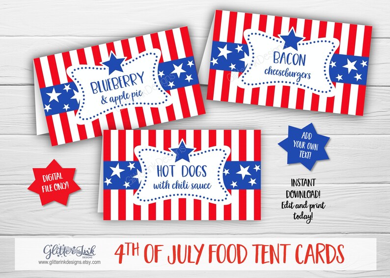 4th of July food tent cards, Fourth of July name cards, 4th of July decorations, Patriotic place cards, stars and stripes Independence Day image 1